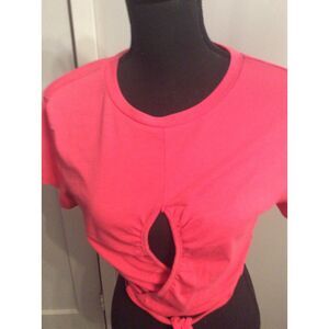 NWOT Open Edit Barbie Pink Crop Top Short Sleeve Peek a Boo Front Tie Medium